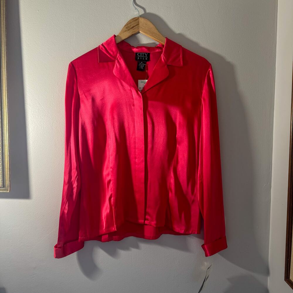 Vintage City Silk Pink Azalea 100% Silk Button Down Blouse NWT Medium